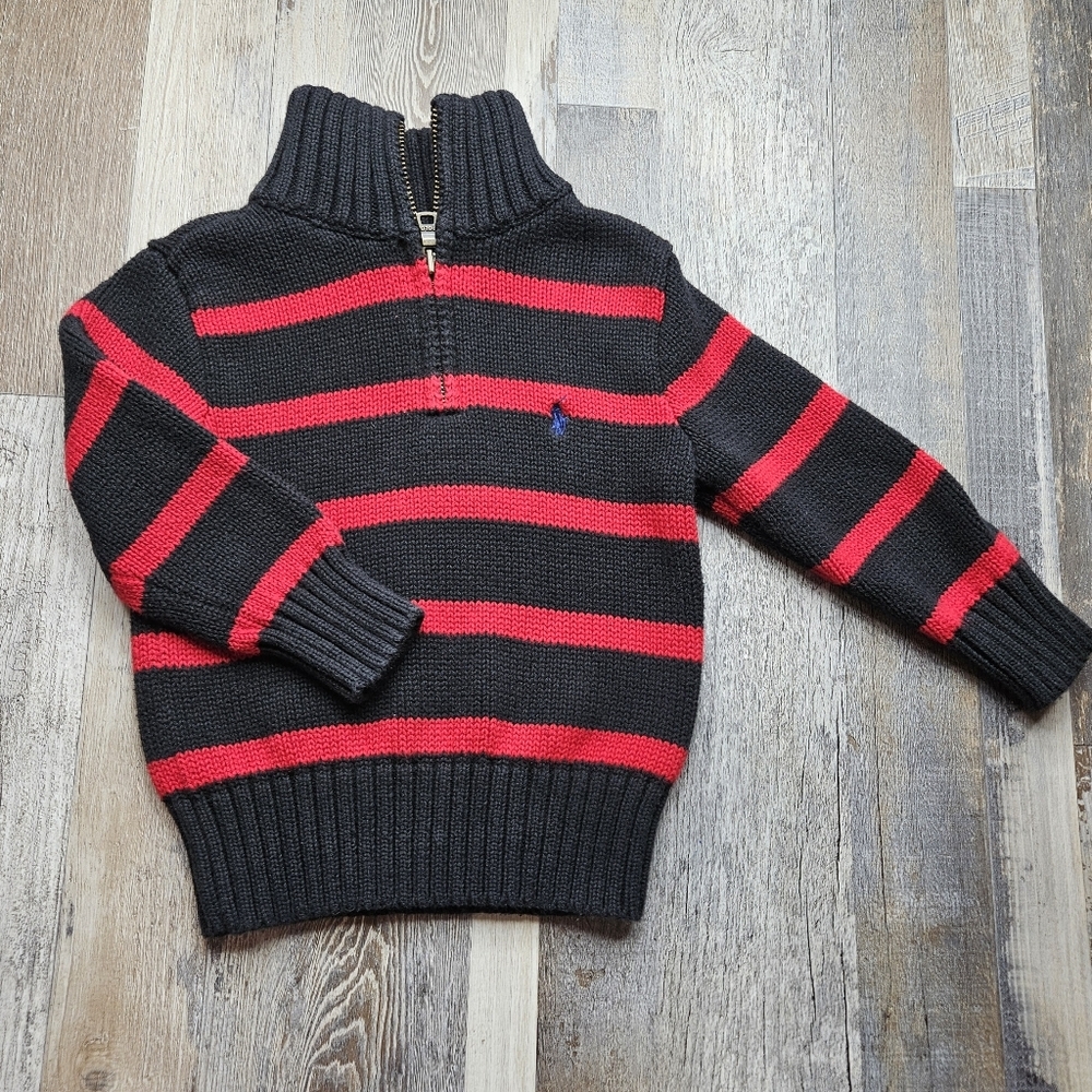Polo Ralph Lauren Toddler Sweater Size 2T Black And Red Stripes Quarter Zip